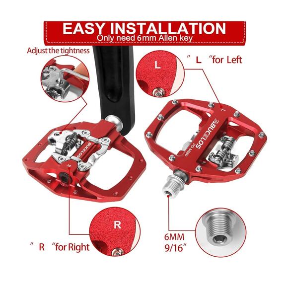 BUCKLOS Red Bike Pedals Pro Size SPD Lock Non-Slip MTB 9/16“ Dual Function NEW - Picture 2 of 7